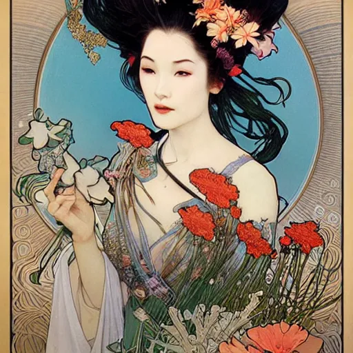 Prompt: realistic detailed face portrait of a Koi Geisha with a coral reef rising out of her hair by Alphonse Mucha, Ayami Kojima, Amano, Charlie Bowater, Karol Bak, Greg Hildebrandt, Jean Delville, and Mark Brooks, Art Nouveau, Neo-Gothic, gothic, rich deep moody colors