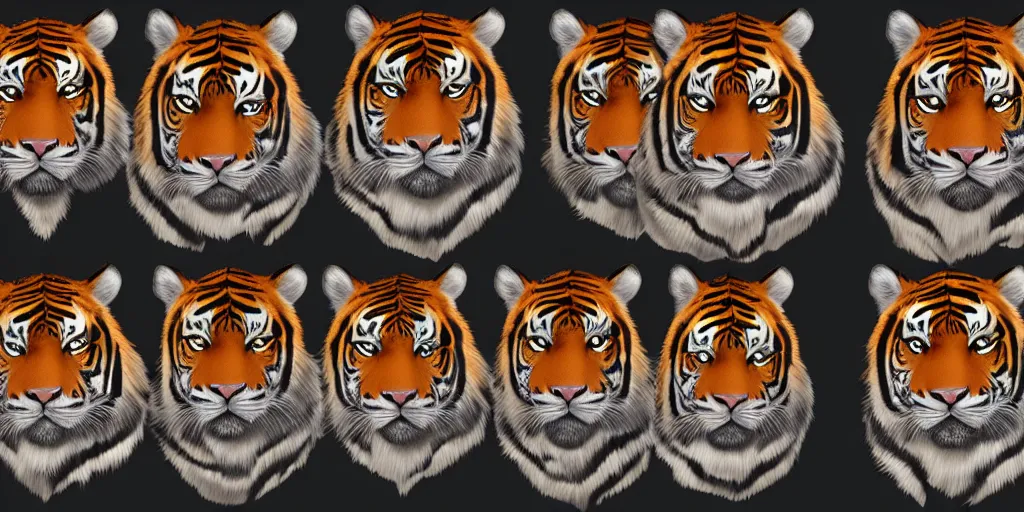 Prompt: game asset of unique symmetrical tiger heads on black background, organic, in gouache detailed paintings, props, stylized, 2 d sprites, kitbash, 8 k, close up