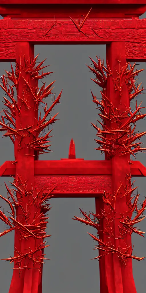 Image similar to 3 d render of a carved red torii gate sculpture, chrometype, made of liquid metal, neotribal with thorns and thunders, japanese temple, raytraced, volumetric lightning, 8 k, by zhelong xu, ouchh and and innate studio