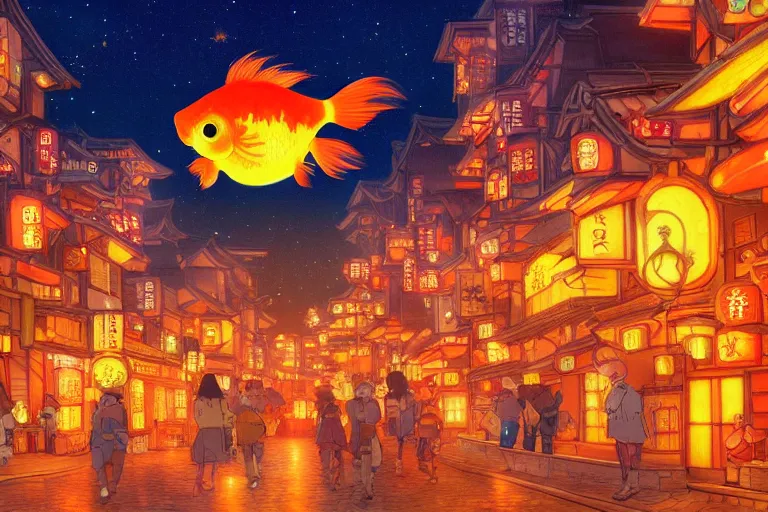 Image similar to fantasy art of glowing goldfish swimming in the air, in the streets of a japanese town at night, with people watching in wonder, in the style of ponyo, highly detailed digital art, trending on artstation