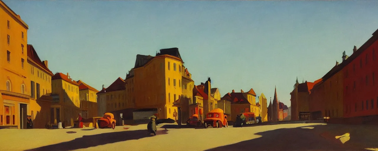 Image similar to an edward hopper style painting of a busy road of ( ( ( ( ( ( ( ( gyor ) ) ) ) ) ) ) ) in hungary, late - autumn, november of 1 9 4 8