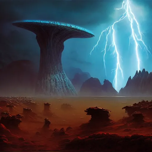 Prompt: an epic colossal scene in a forgotten ancient city of demigods from the exoplanet Gliese 581c on a harsh alien desert day under UV sun, by Nathan Dane Clarke, by Bruce Pennington, masterpiece, cinematic composition, aesthetic, dynamic, beautiful, detailed, beautiful lighting, stormy weather, thunder, dark clouds, heavy rain, 8K, no frames, rtx on