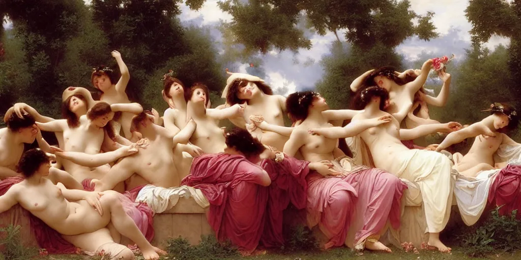 Prompt: gods celebrate music with wine , clouds of rose petals by William Adolphe Bouguereau, H 576