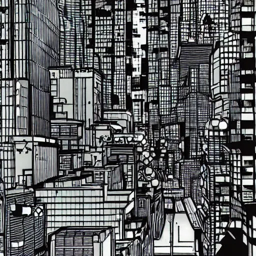 Image similar to a cyberpunks city drawn in the style of Hirohiko Araki, coloured, raining. Wires hanging from buildings. Dark tone, moonlight, stars