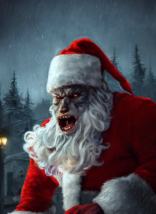 Image similar to portrait, werewolf Santa Clause, dark, gritty, scary, dramatic lighting, cinematic, establishing shot, extremly high detail, foto realistic, cinematic lighting, post processed, concept art, artstation, matte painting, style by eddie mendoza, raphael lacoste, alex ross