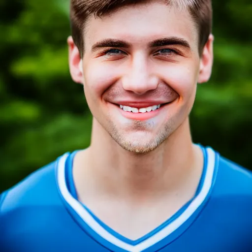 Prompt: a portrait of a young Caucasian man smiling with short brown hair that sticks up in the front, blue eyes, groomed eyebrows, tapered hairline, sharp jawline, wearing a volleyball jersey, sigma 85mm f/1.4, 15mm, 35mm, 4k, high resolution, 4k, 8k, hd, highly detailed, full color, Kodak Kodachrome Film