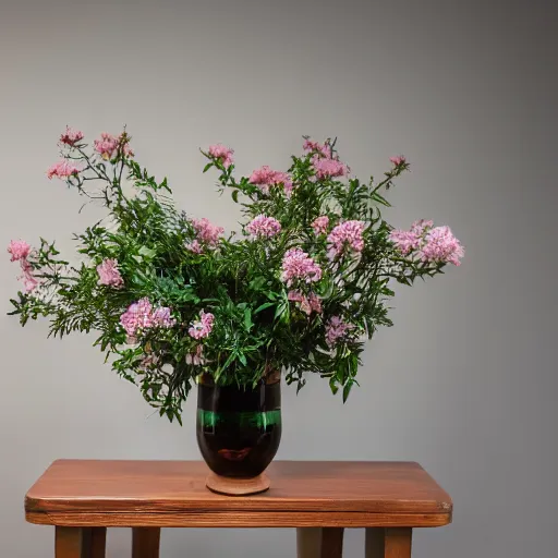 Image similar to a photo of 8k Ikebana in flower vase, full body, wide angle, sony a7r3, ultra detail, photorealistic, in simple background