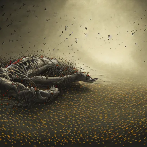 Prompt: painting of an ominous creepy corpse laying on the ground swarming with small bees, horror art, fantasy, digital art, mood lighting, dramatic, beautiful stunning artwork, dark environment, surreal, lifeless, trending on artstation, javascript enabled