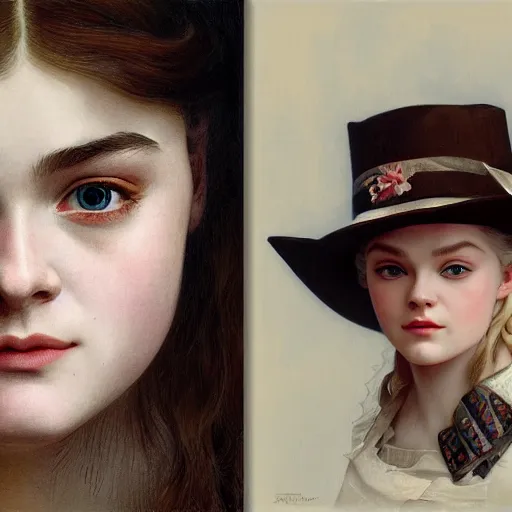 Prompt: a vintage portrait painting of elle fanning as an old western outlaw, highly detailed, art by tristan eaton and artgerm and william - adolphe bouguereau