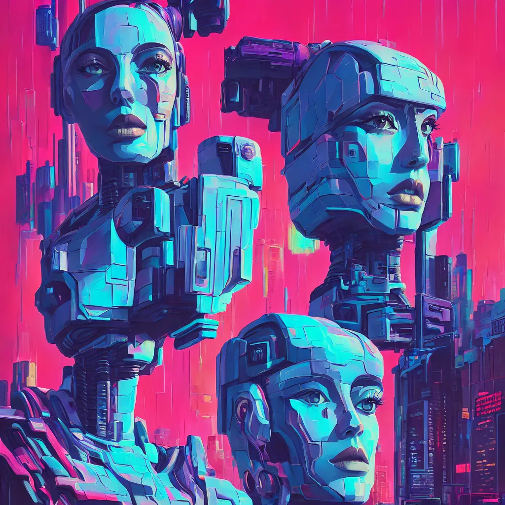 Image similar to a graph - style gouache impasto huge robot head in front of her, cyberpunk art by by james gilleard, cgsociety, retrofuturism, synthwave, retrowave, outrun