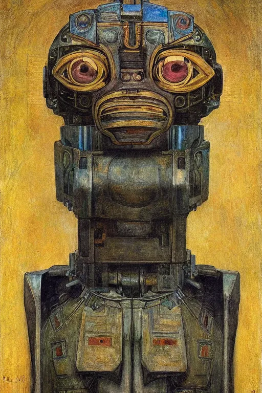 Image similar to an ancient robot with human eyes,by Annie Swynnerton and Diego Rivera, symbolist, dramatic lighting, elaborate geometric ornament, Art Brut, smooth, sharp focus, extremely detailed, Adolf Wölfli