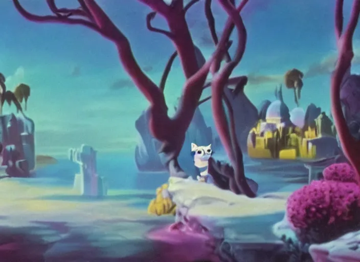 Prompt: littlest pet shop cat in a scenic matte painting from fantasia ( 1 9 4 1 )