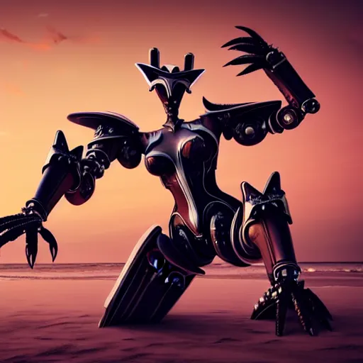 Image similar to looking up at a highly detailed 300 foot tall giant exquisite beautiful female warframe, as an anthropomorphic robot dragon, posing elegantly over your tiny form, detailed legs looming over you, camera on the ground, at the beach on a sunset, sleek streamlined design, streamlined matte black armor, sharp detailed claws, detailed sharp robot dragon feet, worms eye view, giantess shot, upward shot, ground view shot, leg shot, front shot, cinematic shot, high quality warframe fanart, captura, realistic, professional digital art, high end digital art, furry art, giantess art, anthro art, DeviantArt, artstation, Furaffinity, 8k HD render, epic lighting