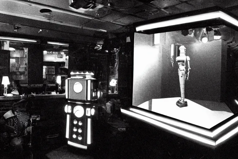 Prompt: robot staring at her reflection in a mirrored monolith, from 1977, in a tiki bar, volumetric lighting, surrounded by crt monitors, photograph, in the style of jack bridgeland