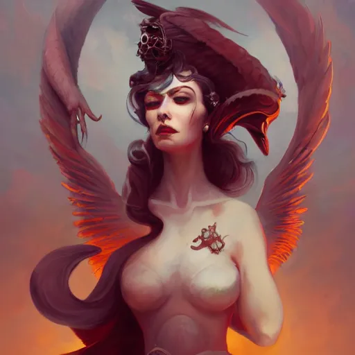 Image similar to a painting of a woman with wings on her head, a character portrait by Peter Mohrbacher, polycount contest winner, vanitas, grotesque, speedpainting, lovecraftian