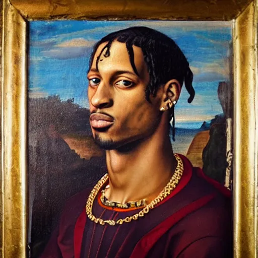 Prompt: a renaissance style portrait painting of travis scott