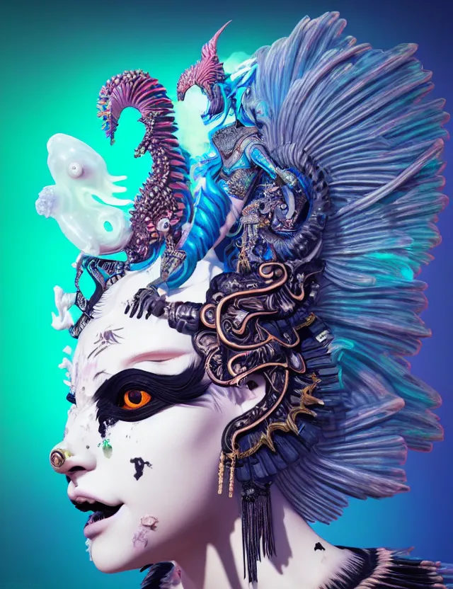 Image similar to 3 d goddess close - up profile portrait punk with mohawk with ram skull. beautiful intricately detailed japanese crow kitsune mask and clasical japanese kimono. betta fish, jellyfish phoenix, bio luminescent, plasma, ice, water, wind, creature, artwork by tooth wu and wlop and beeple and greg rutkowski