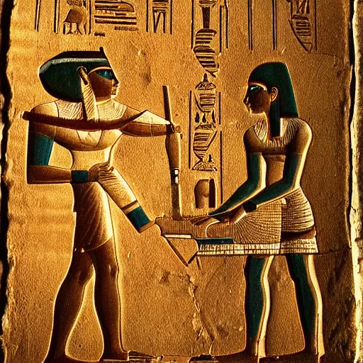 Image similar to a fragment of ancient egyptian hierographic panel Art, art of A person using a computer in art style of ancient art, fragmented, a person using a computer!!!!! Ancient Egypt art