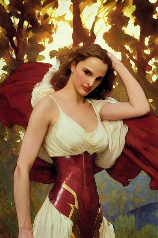 Image similar to elegant romantic portrait photo of natalie portman as iron man by greg manchess, mucha, william adolphe bouguereau, john singer sargent, sorolla, winslow homer, dean cornwell, james gurney, kilin eng, ilya repin,