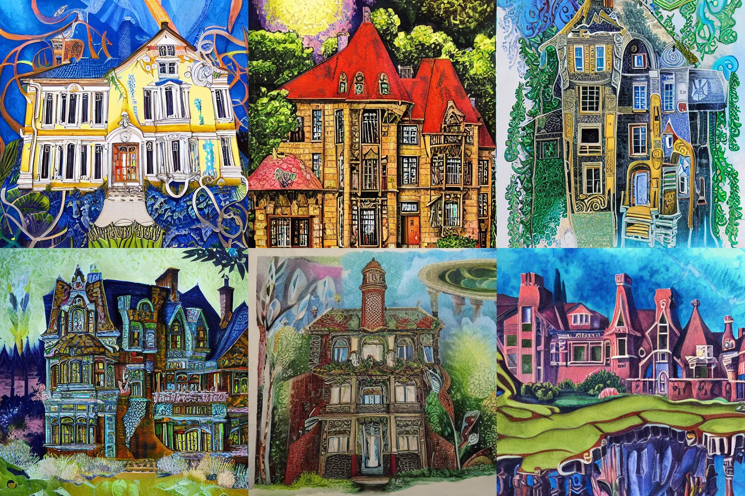 Image similar to Fractal mansion, detailed gouache painting