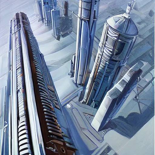 Prompt: sci-fi space elevator, foreshortening, massive height view looking down from platform, realistic oil painting, style of ralph mcquarrie