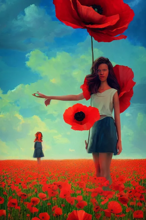 Image similar to closeup, giant poppy flower head, girl standing in a field of flowers, surreal photography, sunrise, blue sky, dramatic light, impressionist painting, digital painting, artstation, simon stalenhag