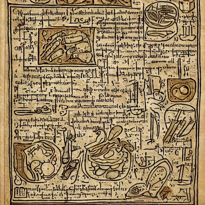 Image similar to ( ( ( ( illustrated recipe for an hamburger ) ) ) ) lot of medieval enluminures in the background explaining the recipe, found schematic in a notebook