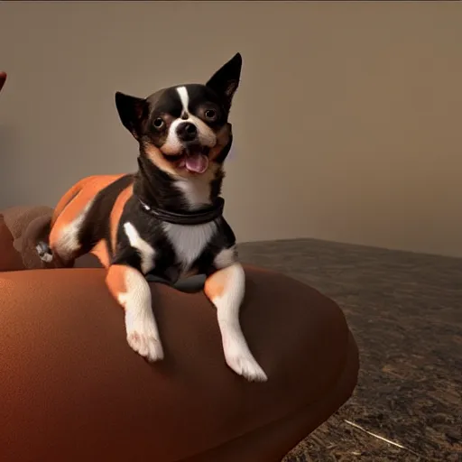 Image similar to chihuahua riding on top of a ROTTWEILER, rendered in unreal engine