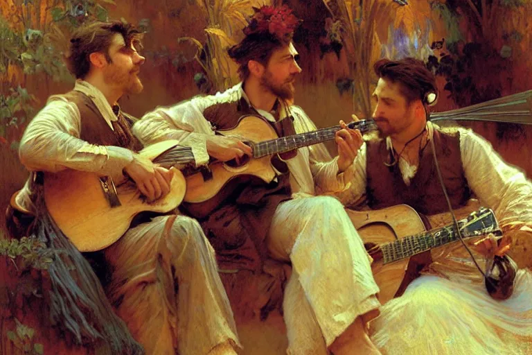 Prompt: 2 attractive men playing music, painting by gaston bussiere, craig mullins, greg rutkowski, alphonse mucha