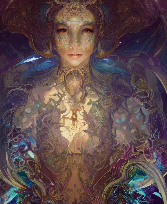 Image similar to a whirlwind of souls rushing inside the metaverse, half body, glowin eyes, jewelry, insect, lizard, d & d, fantasy, intricate, elegant, highly detailed, colorful, vivid color, digital painting, artstation, concept art, art by artgerm and greg rutkowski and alphonse mucha and ruan jia