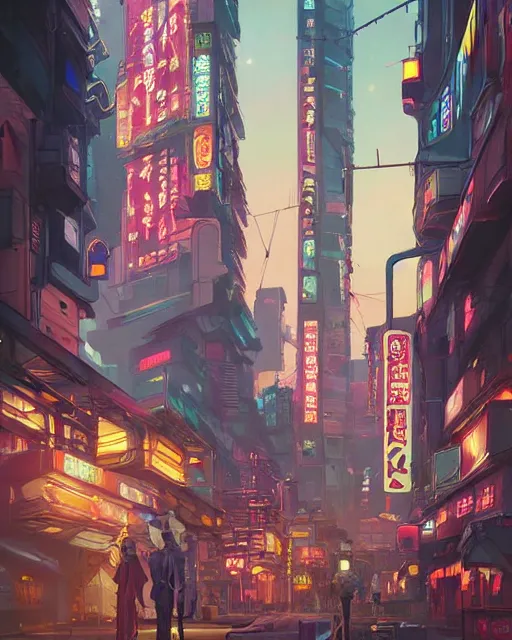 Image similar to cyberpunk neon tokyo in the style of studio ghibli, j. c. leyendecker, greg rutkowski, artem