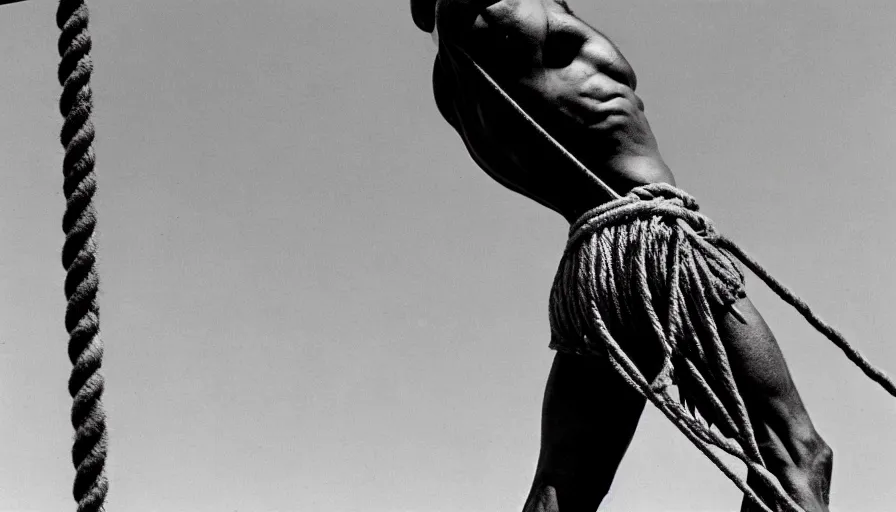 Image similar to 1 9 6 0 s movie still close - up of marcus atilius regulus tied with ropes at pole in direction of the burning sun with blood flowing off his eyes cinestill 8 0 0 t 3 5 mm b & w, high quality, heavy grain, high detail, texture, dramatic light, anamorphic, hyperrealistic, detailed hair