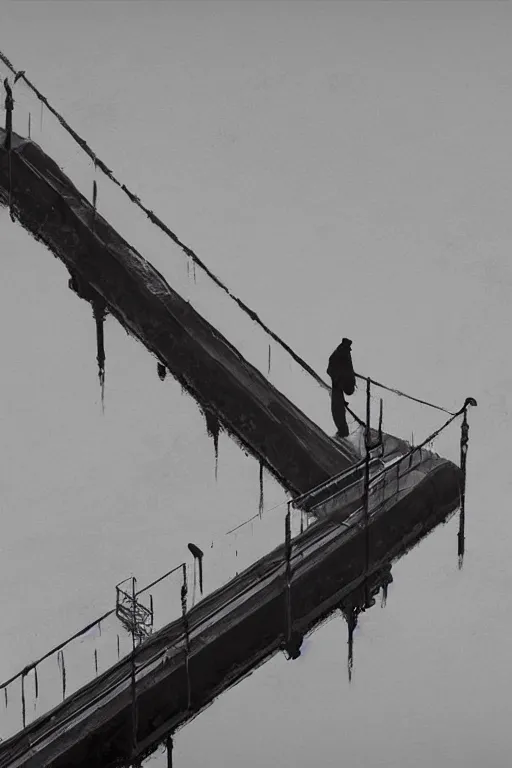 Prompt: Lonely homeless stalker walks across the bridge, over infinite soviet negastructure. Top down view. By jakub Różalski, detailed, hyper realistic