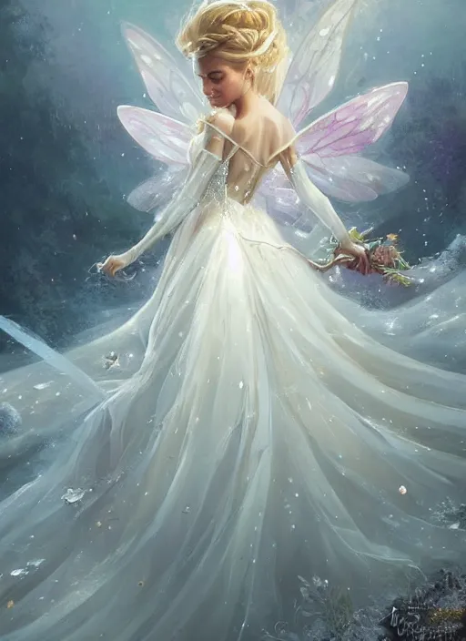 Prompt: a beautiful painting of a fairy princess with a beautiful crystal wedding dress, diamond, cloud, by greg rutkowski and thomas kinkade, trending on artstation