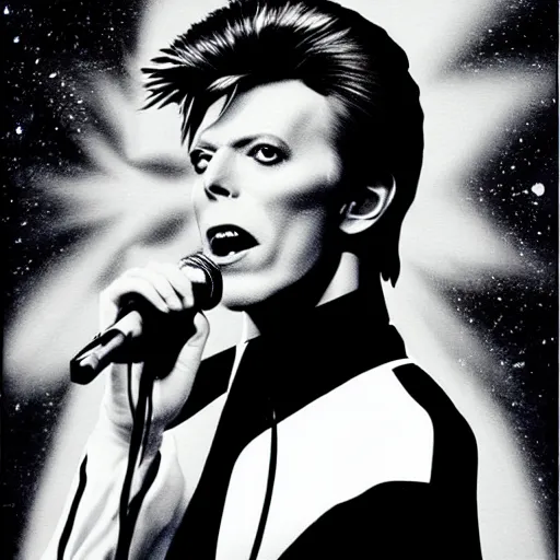 Image similar to david bowie singing into microphone wearing a clearly symbol yin - yang shirt, scene in space, avant - garde painting