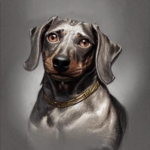 Image similar to portrait of brindle dachshund, salt and pepper hair, soft hair, d & d, muscular, fantasy, intricate, elegant, highly detailed, digital painting, artstation, concept art, smooth, sharp focus, illustration, art by frank frazetta and alphonse mucha