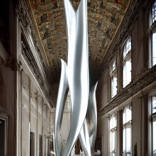 Prompt: giant Italian modern castle living room, clean minimalist design, that is 1300 feet tall, a series of modern stainless steel organic shaped modern sculptures with mirror finish by John Chamberlain, photo by Annie Leibovitz