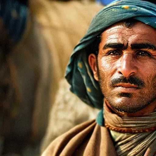 Image similar to Close up of a Kurdish shepherd wearing Kurdish clothes in a movie directed by Christopher Nolan, movie still frame, promotional image, imax 70 mm footage