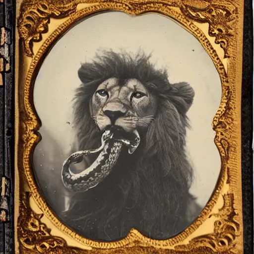 Image similar to tintype photo of a lion with a snake in his mouth