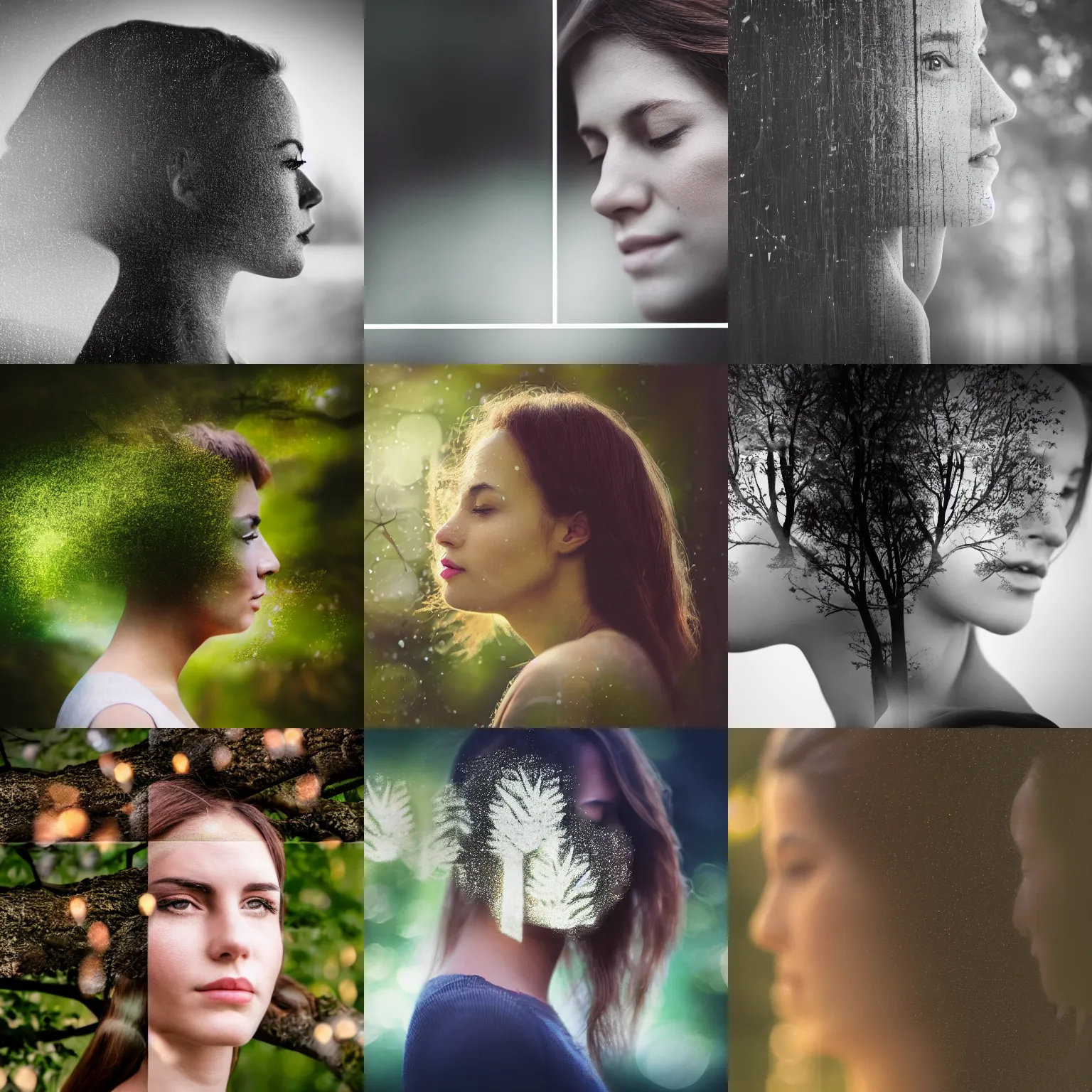 Prompt: side profile of woman's face combined with tree branches, double exposure effect, bokeh, 8 5 mm lens