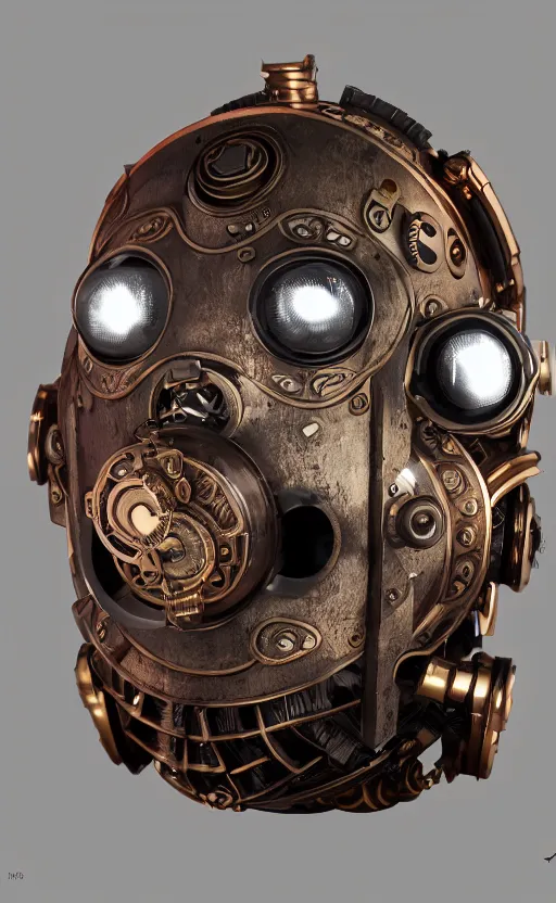 Image similar to steampunk tribal mask, robot, japanese pottery, vivid colors, wood, metal, intricate details, trending on cgsociety, concept art, glowing eyes, sharp focus, ultra realistic details, cinematic atmosphere, global illumination, shadows, octane render, 8 k