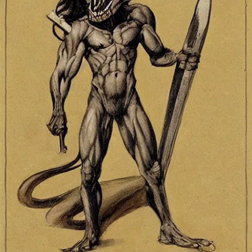 Image similar to dog-faced muscular goblin, lizard tail, holding scimitar made of bone, drawn by Frank Frazetta