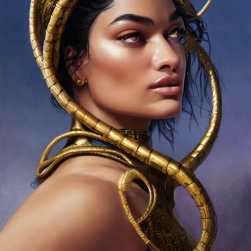 Image similar to Portrait of a Shanina Shaik as Medusa, Watercolor, photorealistic, high resolution, award winning, trending on artstation, olive skin, long dark hair, beautiful bone structure, intricate, elegant, highly detailed, digital painting, artstation, concept art, smooth, sharp focus, illustration, art by artgerm and greg rutkowski and alphonse mucha