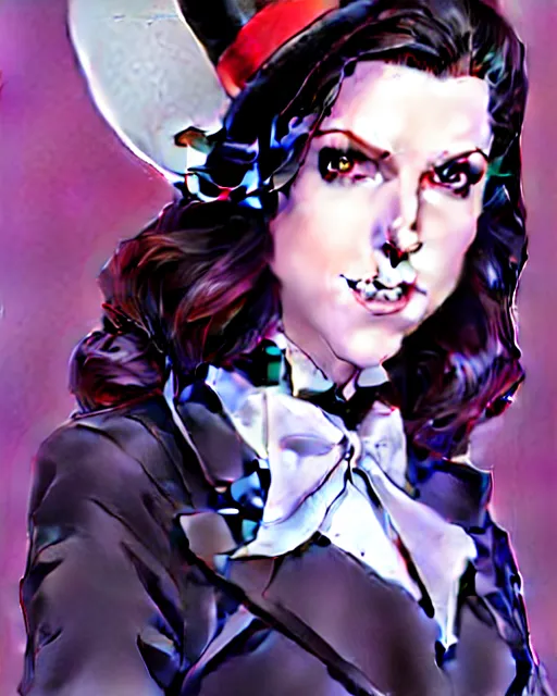 Prompt: beautiful Anna Kendrick Zatanna DC Comics floating on stage wearing top hat, symmetrical face symmetrical eyes, smiling, modern anime, fantasy, eerie, intricate details, atmospheric, elegant, super highly detailed, professional digital painting, concept art, art by artgerm and eiichiro oda and koyoharu gotouge