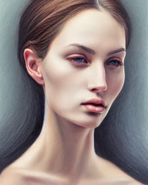 Image similar to portrait of a beautiful woman, enigmatic beauty, head in focus, intricate, elegant, highly detailed, hyperrealistic, concept art, painterly, sharp focus, art by emilia elfe