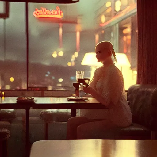 Prompt: silhouette of Elle Fanning drinking whiskey alone in a diner, stormy weather, extremely detailed masterpiece, oil on canvas, low-key neon lighting, artstation, Blade Runner 2049, Roger Deakin’s cinematography, by J. C. Leyendecker and Peter Paul Rubens,