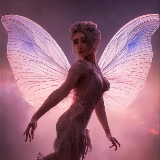 Prompt: full body pose, hyperrealistic mixed media painting of beautiful fairy, dim volumetric lighting, 8 k, octane beautifully detailed render, extremely hyper detailed, intricate, epic composition, cinematic lighting, masterpiece, trending on artstation, very very detailed, masterpiece, stunning, hdr, smooth, sharp focus, high resolution, award, winning photo, dslr, 5 0 mm