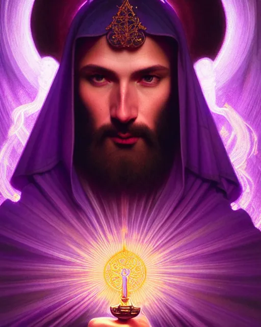Prompt: portrait of saint germain, he holding the violet purple indigo flame, completely violet colored, intricate, elegant, highly detailed, digital painting, artstation, concept art, smooth, sharp focus, illustration, art by artgerm and greg rutkowski and fra angelico and alphons mucha