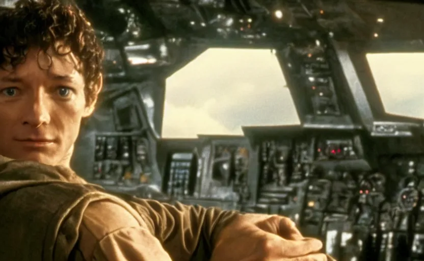 Prompt: screenshot of Patrick Stewart with Frodo in the cockpit of the millenium falcon, facing forward, iconic scene from the 1980s Star Wars film directed by George Lucas, color kodak stock, two shot, ektochrome, anamorphic lenses, detailed faces, crisp, sharp, beautiful cinematography