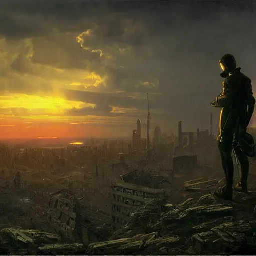 Image similar to wanderer with night vision goggles, dramatic light, sunset, sunrays, cyberpunk city in the background, ruins, buildings, dystoptian, gorgeous view, depth, painted by Caspar David Friedrich, gateway, clouds, tending on artstation